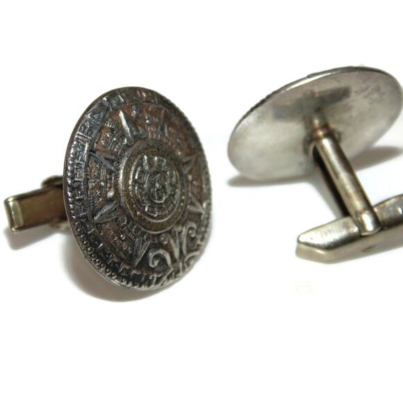 Vintage Mexico Aztec Calendar Sterling Silver Cufflinks Cuff links Estate Men - Picture 6 of 6